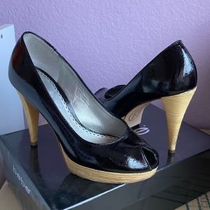 Bebe Black Snakeskin Pumps with Wooden Heel